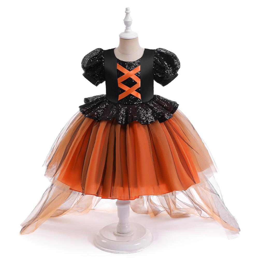 Girls' Halloween Sequin Princess Dress with Puff Sleeves and Puffy Skirt