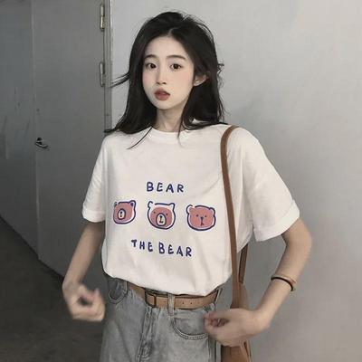 Women's 2024 Summer Loose Fit Bear Print White Cotton T-Shirt with Short Sleeves