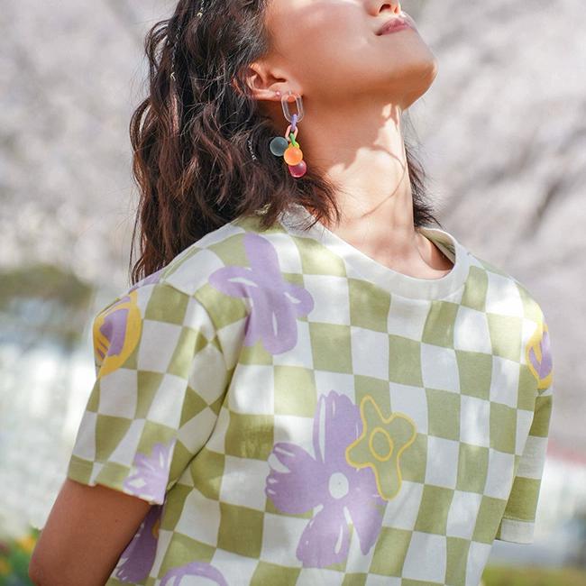 Vans Buntes Schachbrettmuster Rundhals Kurzarm T-Shirt Damen Oberteile Grün VN00091NC1D