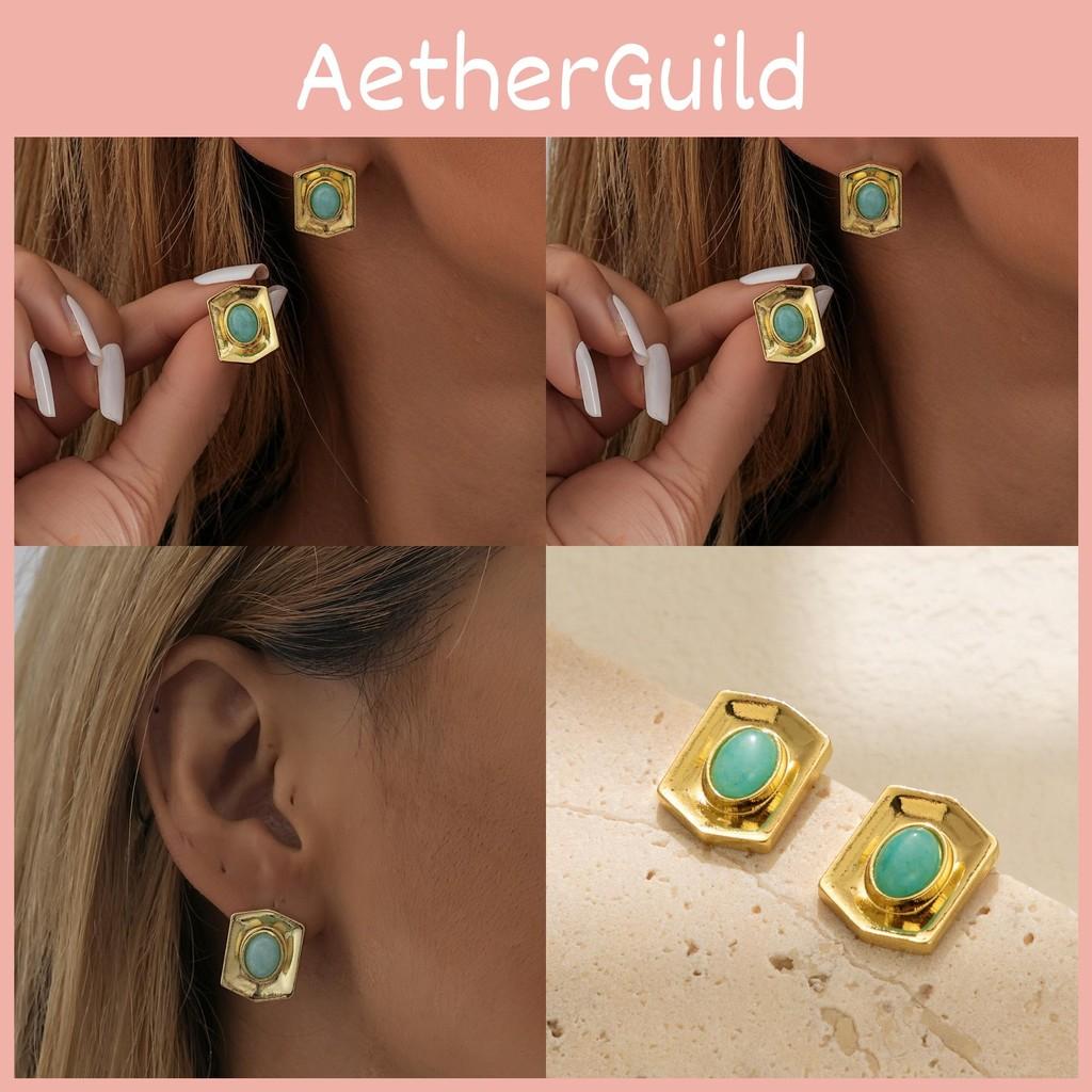Gold Classy Plated Earrings Fashionable Natural Stone Geometric Studs Women For
