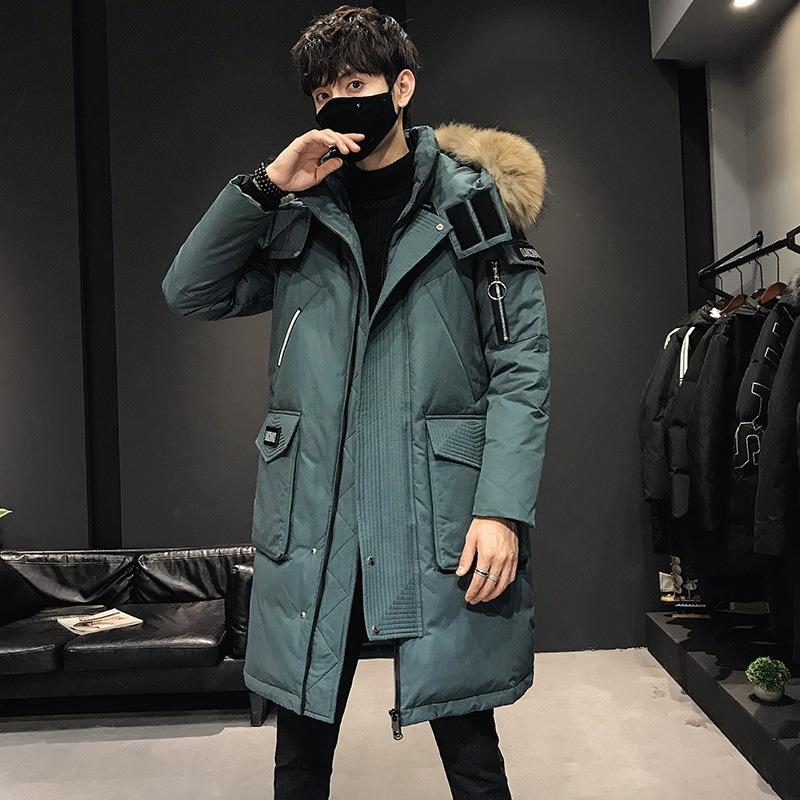 Long down jacket men's winter big fur collar tooling over the knee, down thickened warm and cold jacket