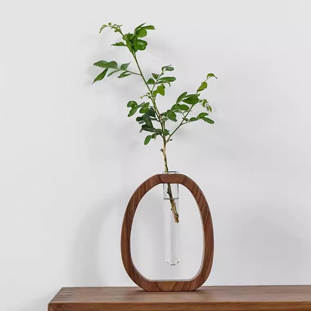 1PC Walnut Wooden Flower Vase Simple Glass Plant Vase Mini Aquarium Vase Flower Arrangement Home Decoration