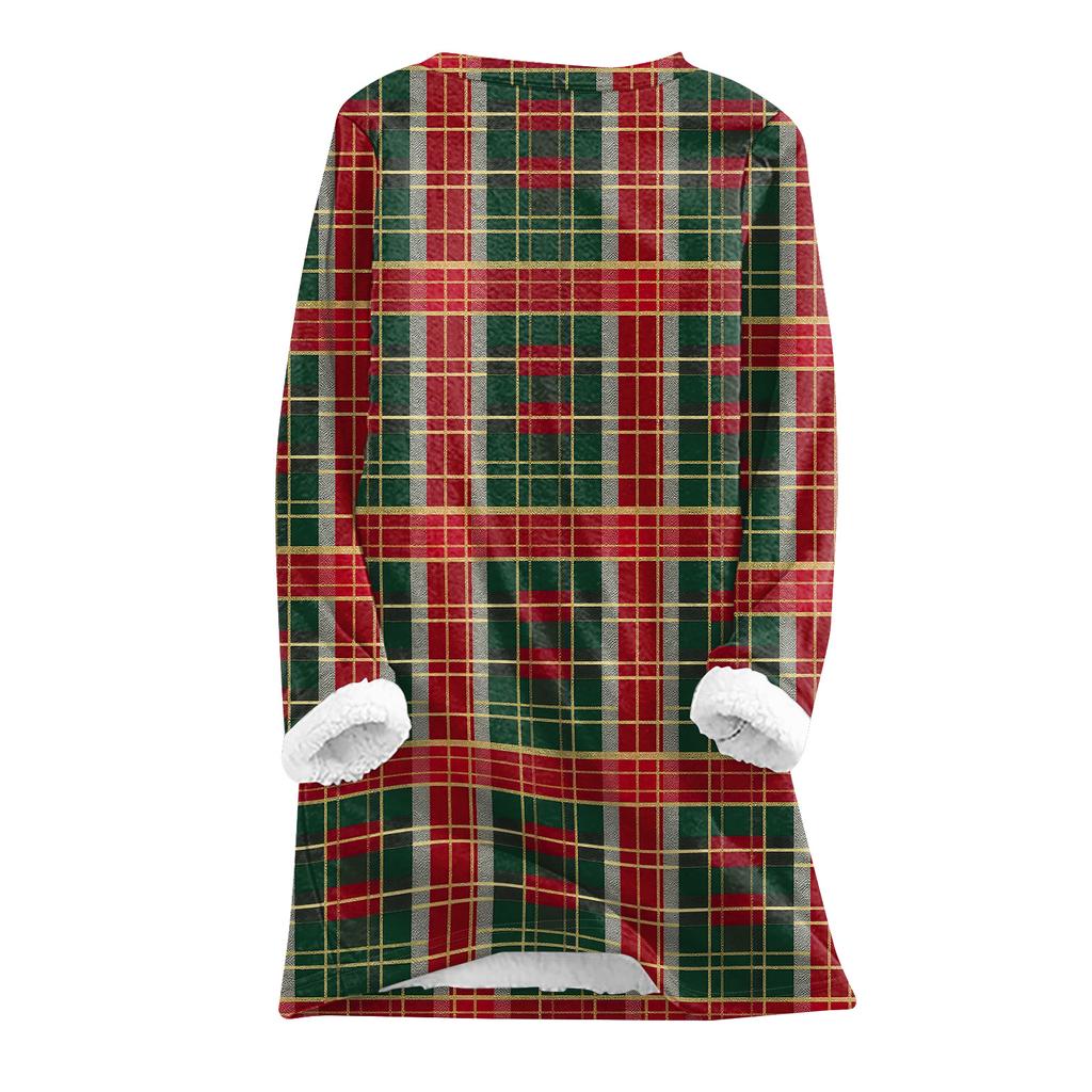 Dámský módní kostkovaný potisk kulatý výstřih dlouhý rukáv plyšový zimní hřejivý pulovr top