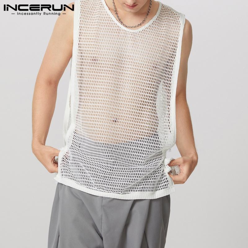 INCERUN Men Sleeveless Side Split Lace-up Hollow Long See Through Tank Tops
