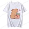 Cute Capybara Loves Bubble Tea Print Women Kids T-Shirt Summer Children's Short-sleeved Casual Pink Tops Adults Boys Girls Gifts
