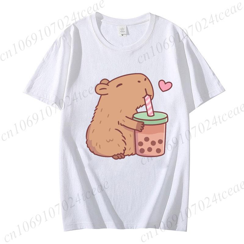 Cute Capybara Loves Bubble Tea Print Women Kids T-Shirt Summer Children's Short-sleeved Casual Pink Tops Adults Boys Girls Gifts
