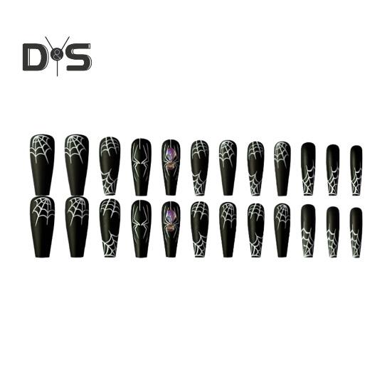 

1 комплект накладных ногтей в виде паутины на Хэллоуин с клеем, готические черные длинные накладные ногти, полное покрытие, домашний салон, для женщин и девочек, акриловый набор для накладных ногтей Sets