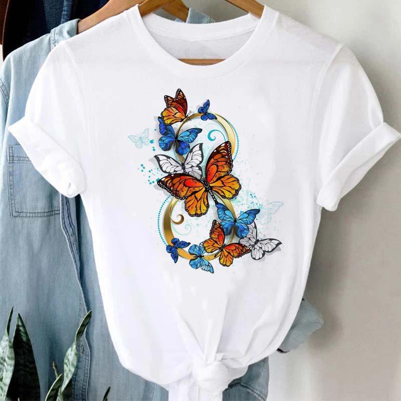 Summer Burst Cute Cartoon Butterfly Trend Letter Print Top T-shirt Woman Tops  Oversized T Shirt  Aesthetic Clothes