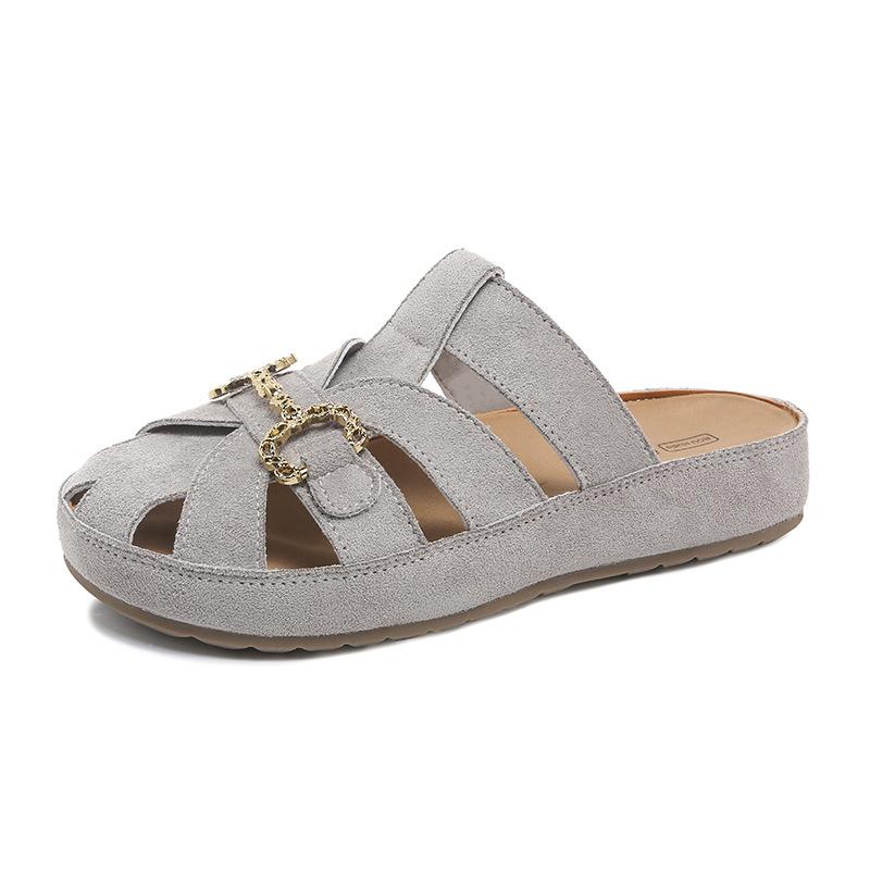 

Retro woven hollow breathable half slippers women s 2025 summer new versatile flat bottom one pedal fashion bag head drag 40 серый