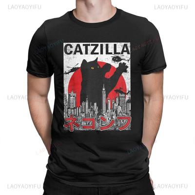 Divertido Catzilla Japón Gato Gatito Amante Hombres Camiseta Camisetas Casuales de Verano para Hombre Camiseta Oversize Harajuku Ropa de Hombre