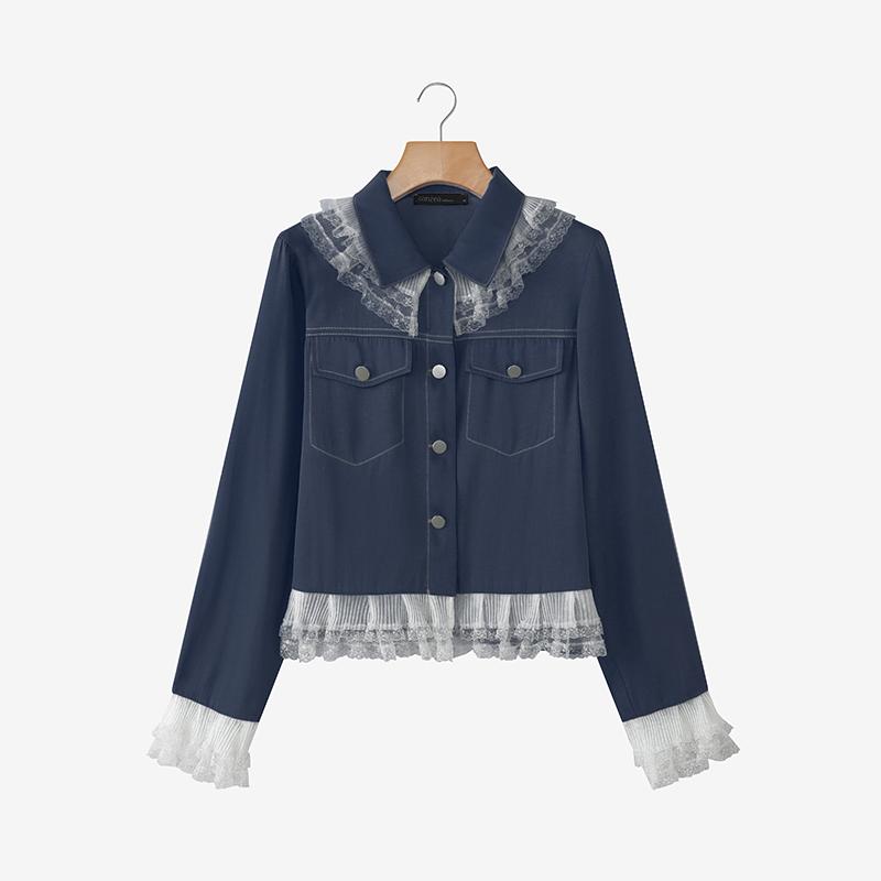 

ZANZEA Women Casual Turn Down Collar Long Sleeve Lace Splice Blouse 5XL темно-синього кольору