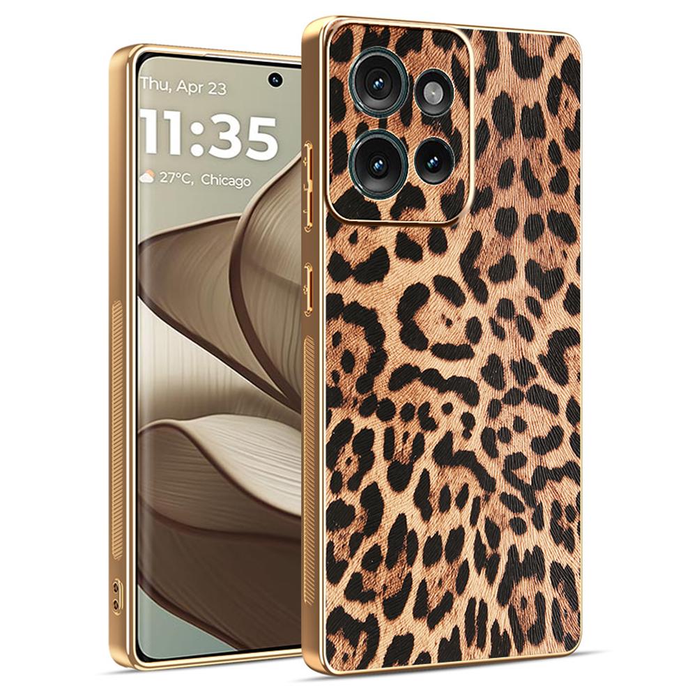 

For Motorola Edge 50 5G Case Leopard Print PU Leather Coated PC+TPU Electroplating Phone Cover A