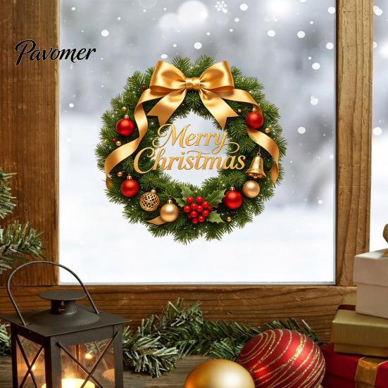 Festive Garland Decorations Christmas Wreath Window Stickers, Retro Santa Claus PVC Decals, Waterproof Decorative Party Ornament Static Clings