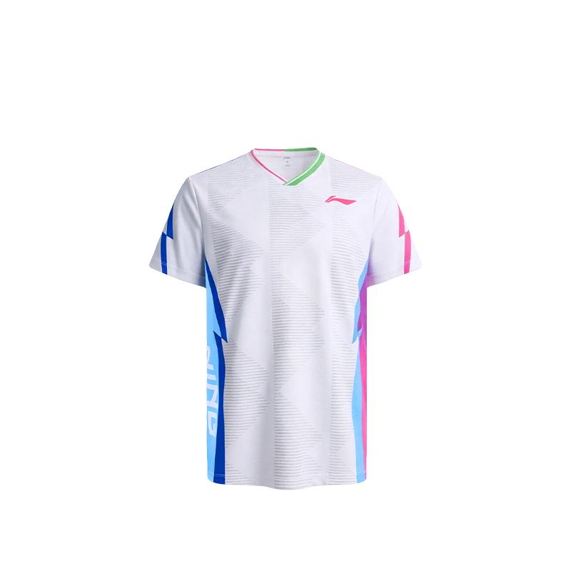 

Li-Ning Badminton Series Competition Top Quick-Dry Two-Color V-Neck Lightning Pattern Colorful Short Sleeve T-Shirt Unisex tops AAYW059-2 S