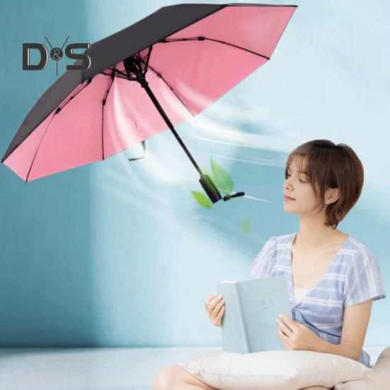 Folding Umbrella with Fan USB Rechargeable UV Sun Protection Tri-fold Umbrella Portable Waterproof Windproof Summer Outdoor Sun Rain Umbrella