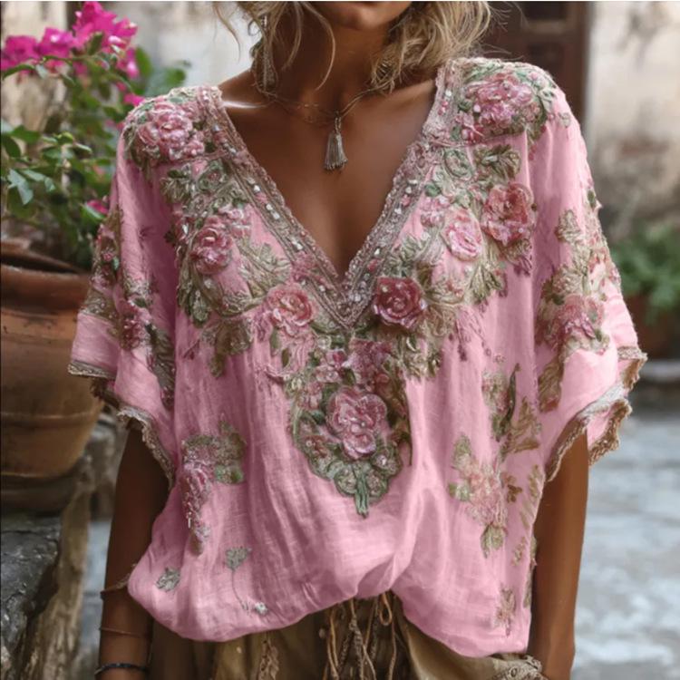 3D Printed Autumn Elegant Jacquard Drop Shoulder Short-Sleeve Women's Top