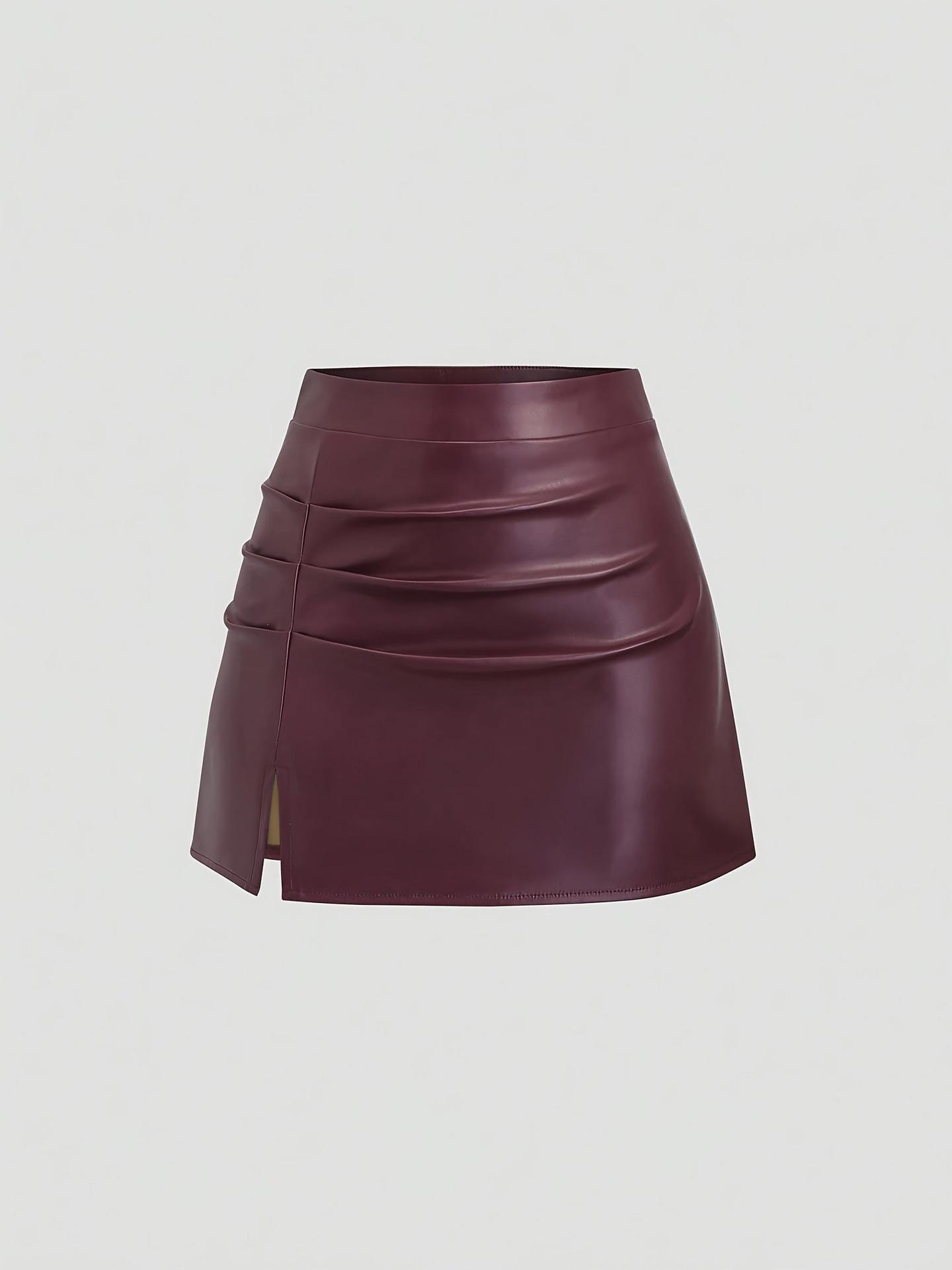 High-Waisted PU Leather A-Line Mini Skirt with Side Pleats & Slit, Stylish European & American Street Style US/European Size M