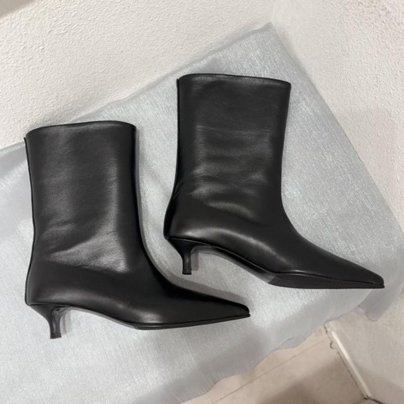 Fashion 2025 New Women Heeled Short Boots Fashion Leather Pointed Toe Shoes Designer Elegant Dress Pumps Winter Classical Zapatos Mujer