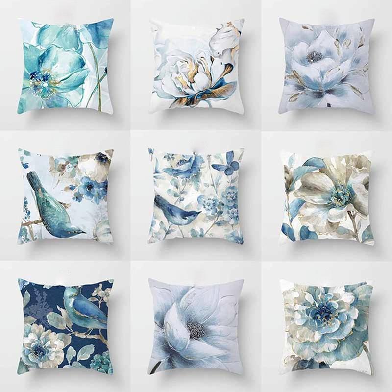 Car Sofa Cushion Pillow Cover Square Blue Flower Print Decorative Household Seat