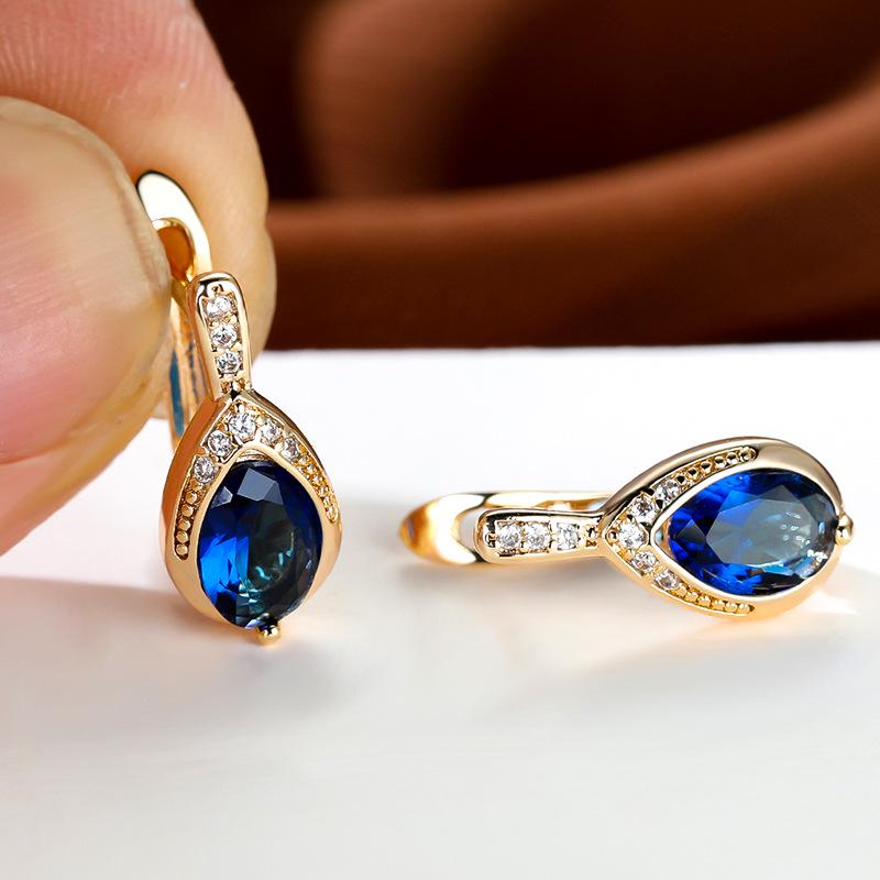 Pinduoduo Champagne Gold & Sapphire Blue Angel Tears Earrings with Zircon for Women - Niche Design
