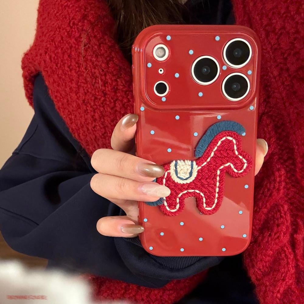 Burgundy Polka Dot Embroidered Pony Case for Apple IPhone 17 Pro Max and IPhone 16, New Year's Happy Design