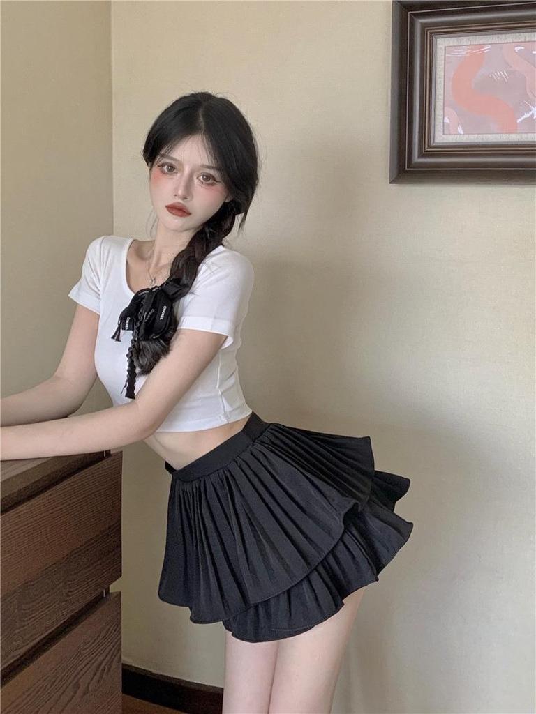 Women's Vintage Pleated Double Layer Mini Skirt - White, Slimming, Sweet, Fluffy Summer Skirt