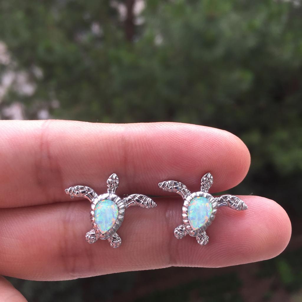 Cute Sea Turtle Stud Earring For Women Fashion Imitation Blue Fire Opal Screw Back Earrings For Women Wedding Band Jewelry Gifts