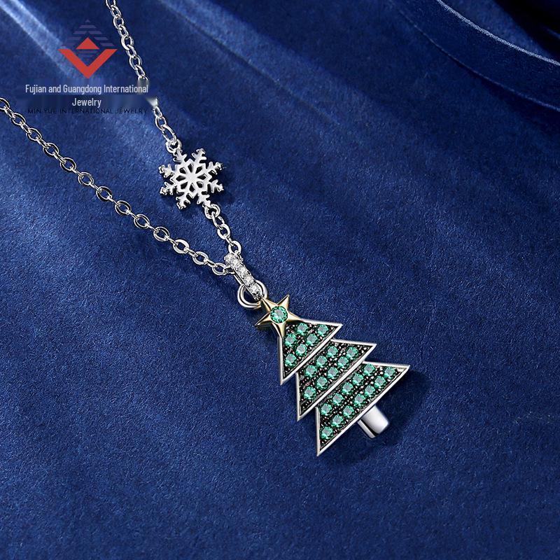 Min Yue Original S925 Silver Necklace with Zircon Christmas Tree Pendant for Women - European & American Style Clavicle Chain