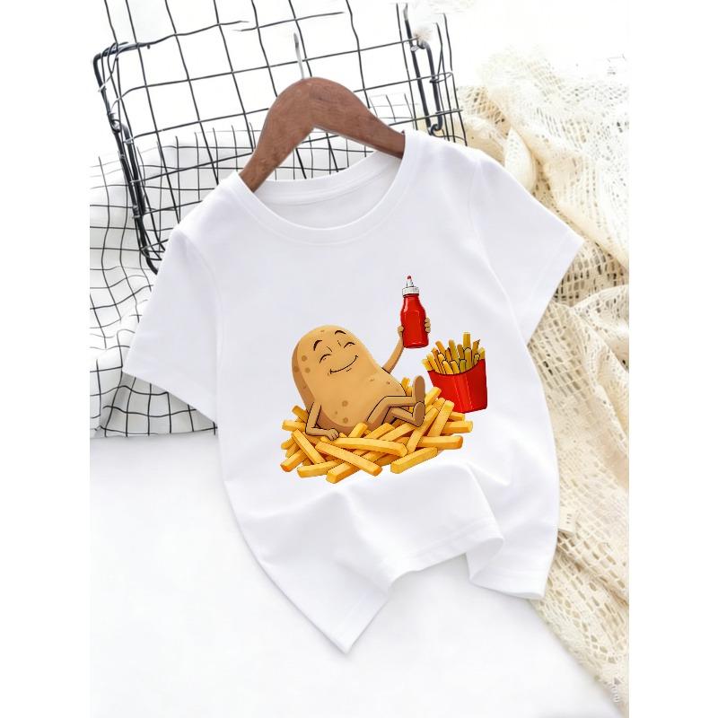 European sizes Children s Cartoon French Fries Potato Print T-Shirt for Boys and Girls, Summer Casual Round Neck Short Sleeve Top 110 белый