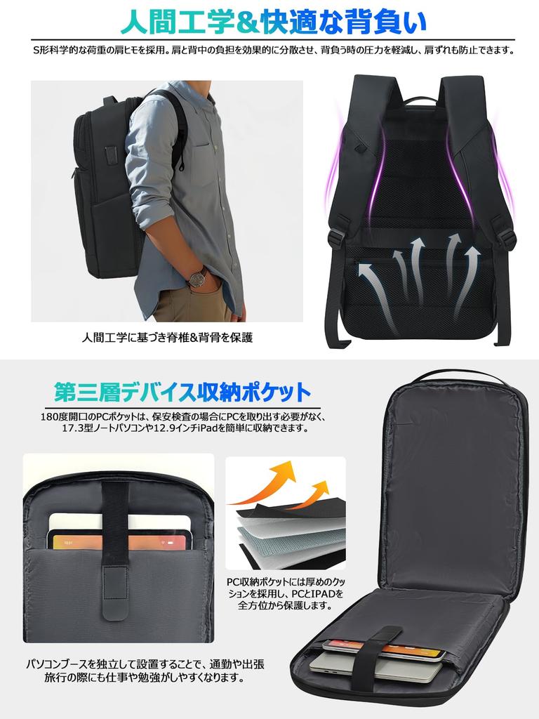 Business Large Capacity with USB Laptop Multifunctional Suitable for Business Airline [KINGSLONG] Men's Backpack, 25L, Port, 17.3-inch Compartment,