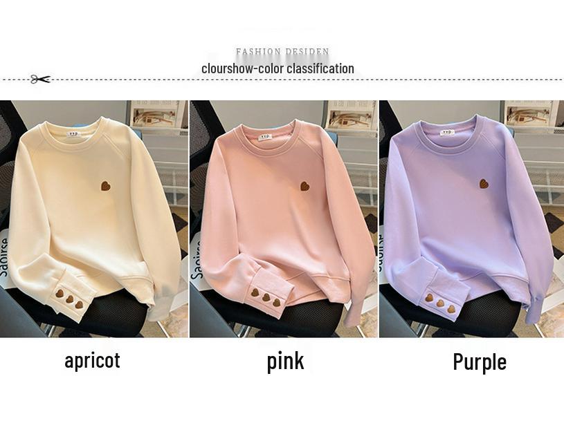 Women's Heart Embroidery Crewneck Sweatshirt: American Style, Long-Sleeved, Versatile, and Age-Reducing for Spring and Autumn.