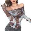 Sexy, durchsichtiges Langarmshirt mit einer Schulter und Batikmuster für Damen