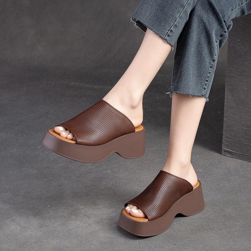 Johnature Genuine Leather Thick Soles Peep Toe Shoes Women Vintage Wedges Slides Outdoor Platform Slippers