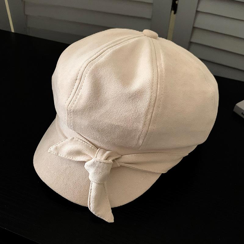Women S Solid Color Suede Octagonal Hat With Bow For Autumn Winter