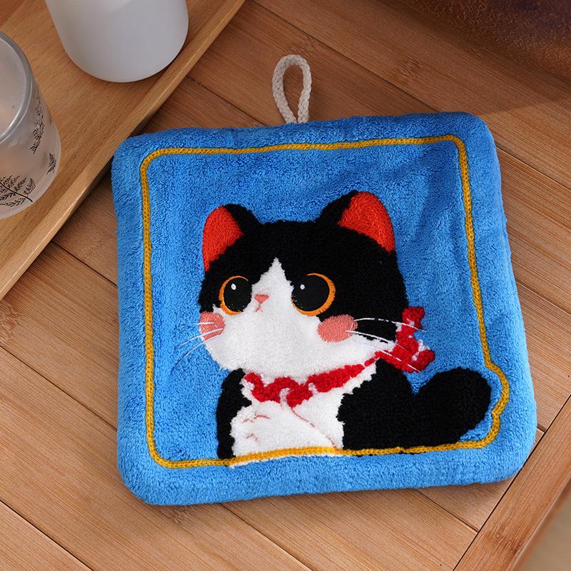 1PCS Cartoon Coral Velvet Hand Towel For Kitchen Kawaii Cat Hand Wipe Cleaning Cloth Bathroom Hanging Towel Absorbent Clean Rag