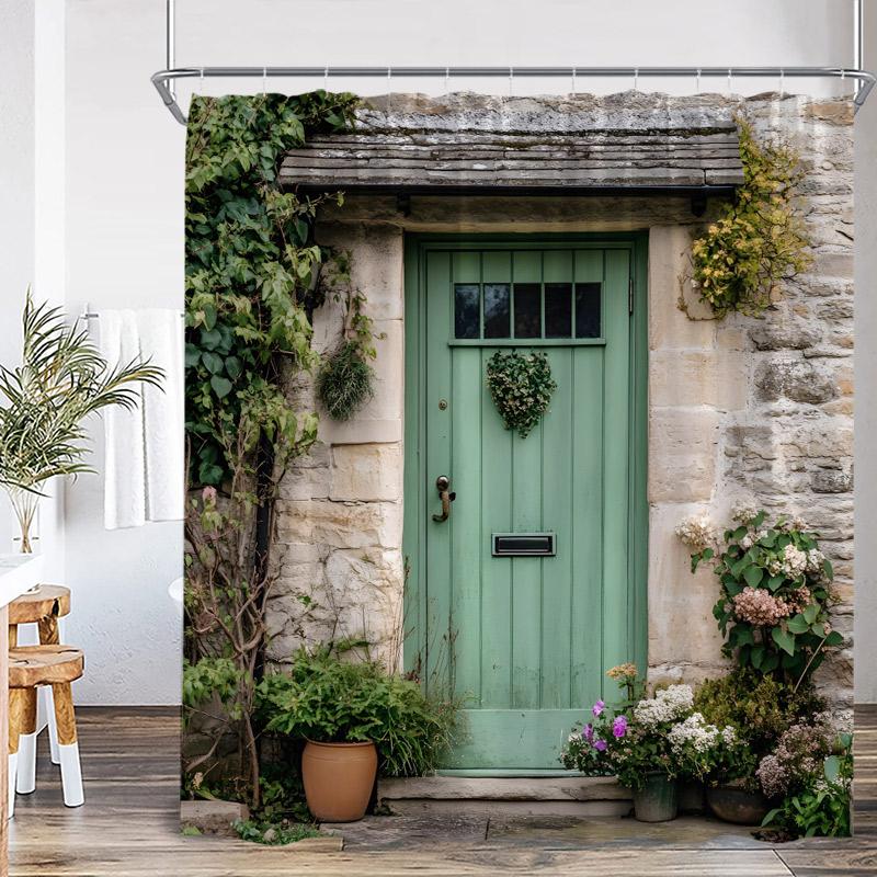 Rustic Landscape Shower Curtains Forest Lake Flowers Vintage Wooden Door Garden Scenery Fabric Home Bathroom Curtain Decor Set