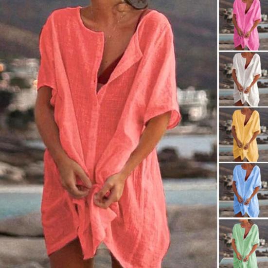 Damen Unifarben Kurzarm O-Ausschnitt Knöpfe Locker Übergröße Mittellanges T-Shirt