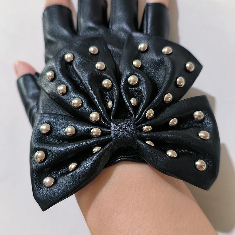 Damen Große Schleife Nieten PU-Leder Halbfingerhandschuhe Party Tanzen Show Bühnenauftritt Nachtclub Tanz Lolita Cosplay Fäustlinge