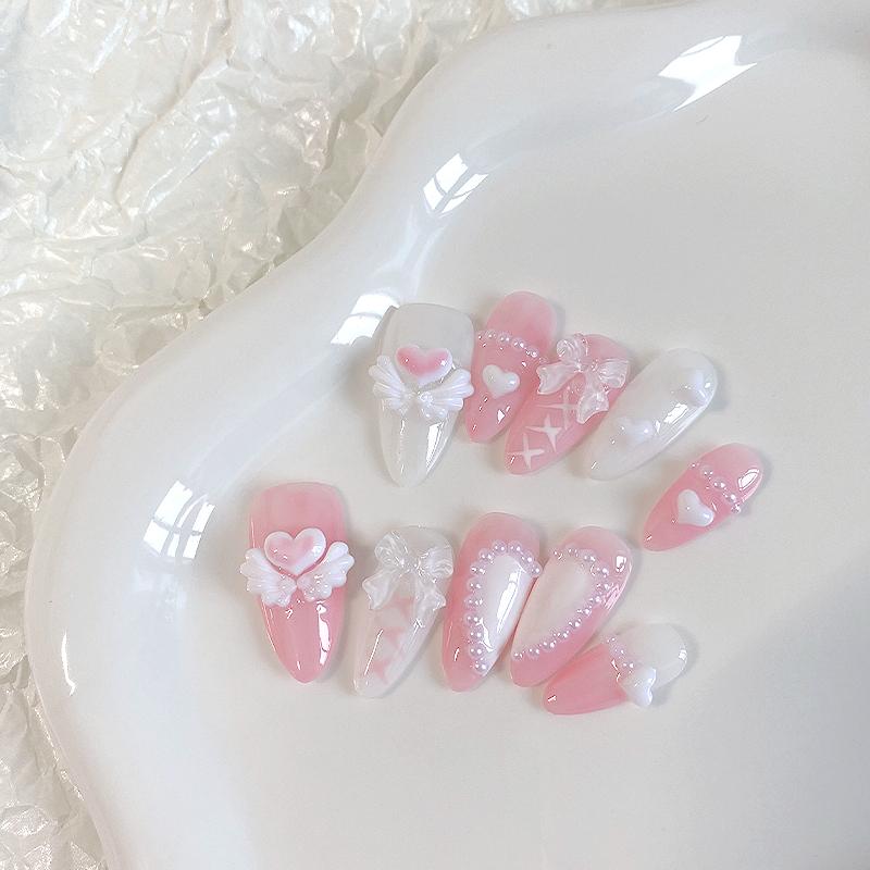 10PCS Hand Pressed Almond Shaped Nails, Beautiful Fake Nails, Sweet Heart Nail Art, Pink Angel, Suitable for Women To Use