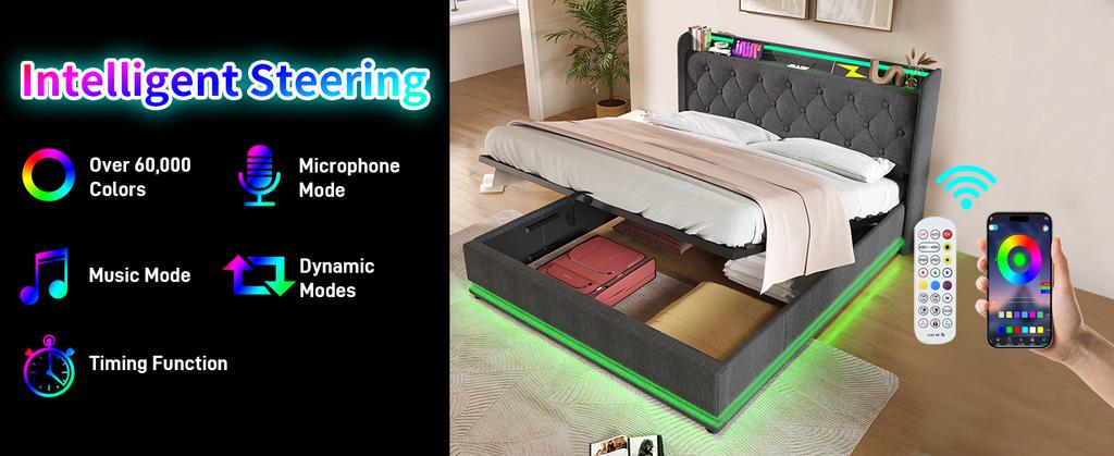 (=AB20315455G)Čalouněná postel 180x200 cm, Šedá, Funkce LED s dálkovým ovládáním/aplikací, Hydraulický úložný prostor, Čelo postele s USB Type-C (Bez matrace)