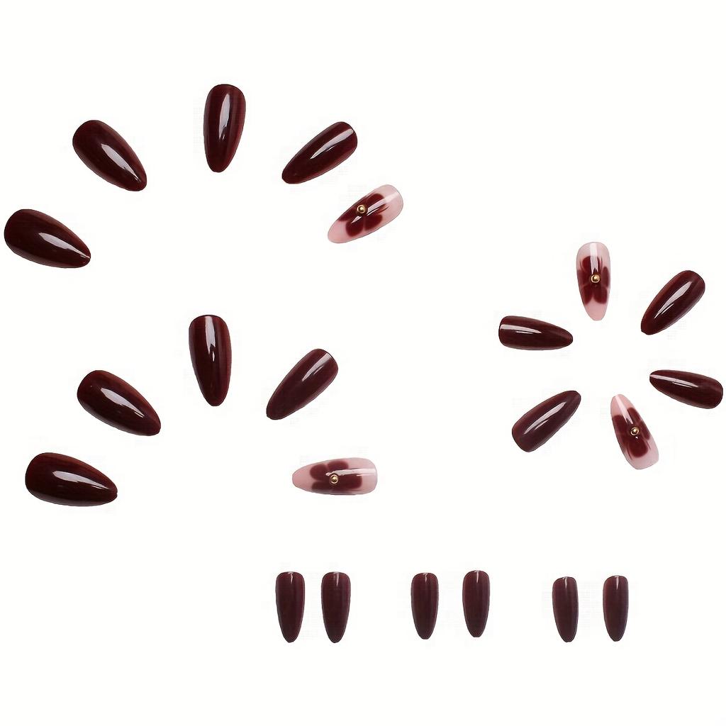 24PCS Short Almond Press On Nails, Burgundy Gold Bead Floral, Glossy Fake Nails for Daily Party Wear, with Tool Kit Gift