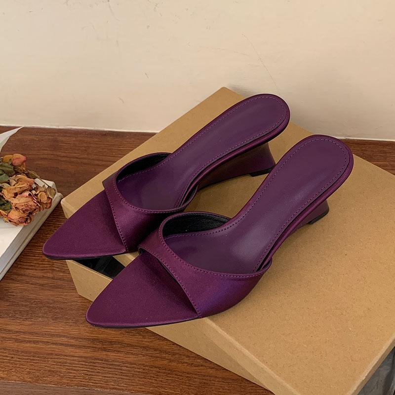 Fashion Fashion Pointed Toe Women Wedges Heeled Sandals Slides Footwear Shallow Ladies Heeled Wedges Sandals Slippers Shoes Female Pumps