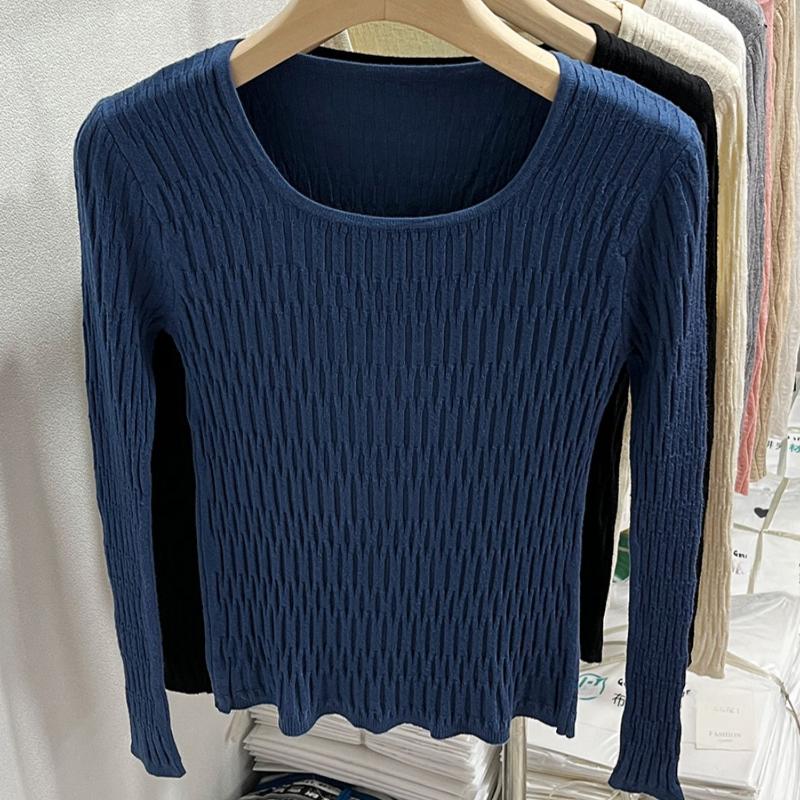 

Осенний облегающий свитер с круглым вырезом, женский свитер с длинными рукавами, однотонный повседневный базовый зимний вязаный свитер для женщин, элегантный простой трикотаж, джемперы 25728 One Size синий