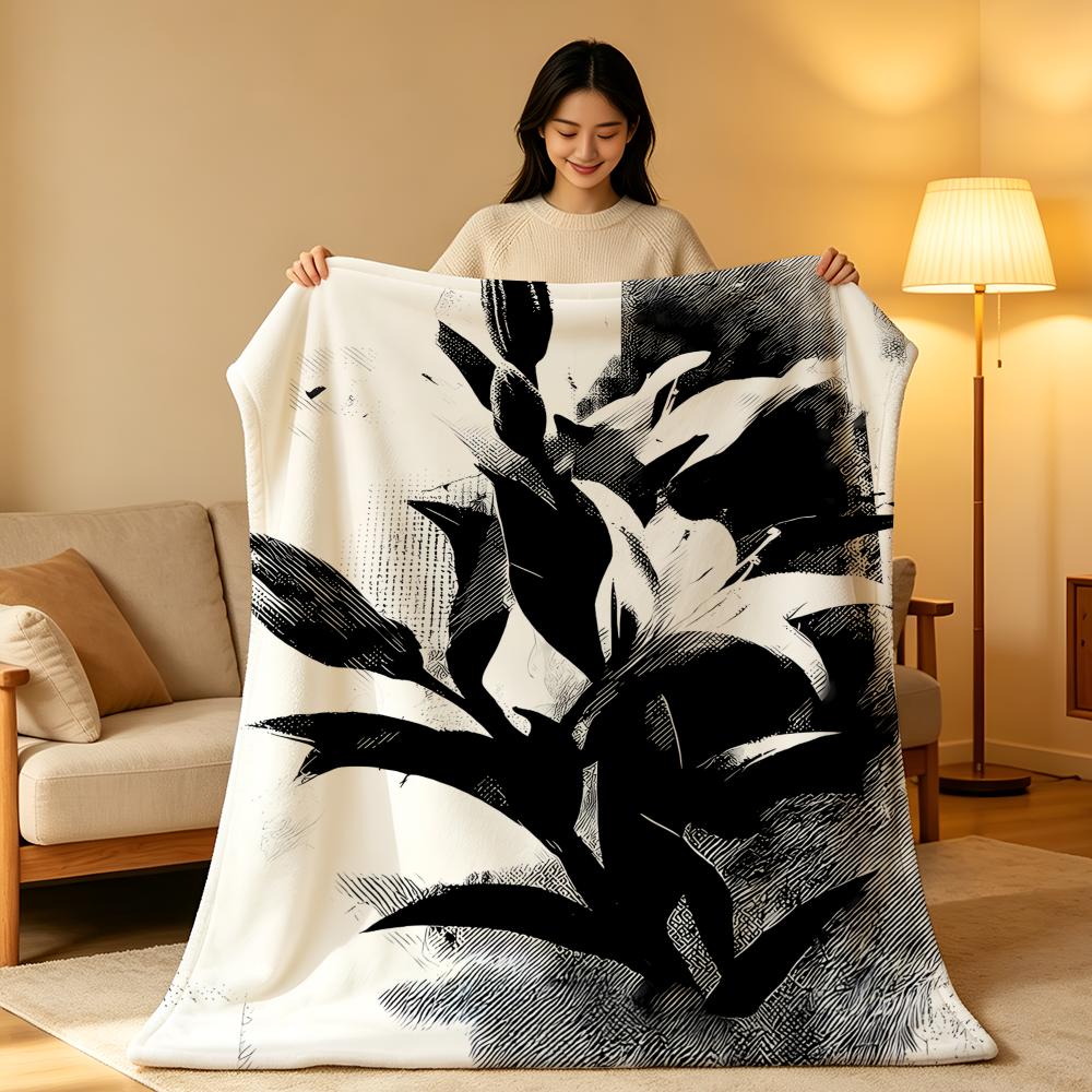 Art B-Black a-and W-White Floral Throw High-Density Short Plush Blanket Soft Skin-Friendly for Sofa Nap Air-Conditioned Room