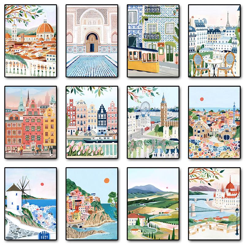 World Travel City Landscape Poster Print Greece Italy Florence Paris France Canvas Painting Wall Art Picture for Room Home Decor