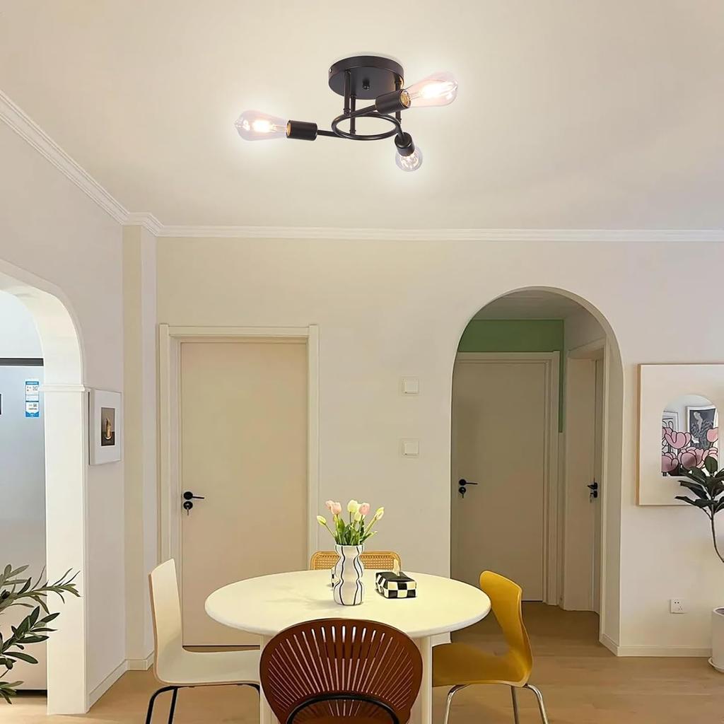 Semi Flush Mount Ceiling Light Metal Black Sputnik Chandelier 3 Light E27 Bulb Base Near Ceiling Light for Living Room Hallway