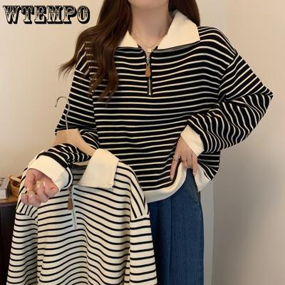 Flip Collar Striped T-shirt for Women's Spring and Autumn New Fashionable Long Sleeved Polo Shirt for Women's Pure Cotton Shirt