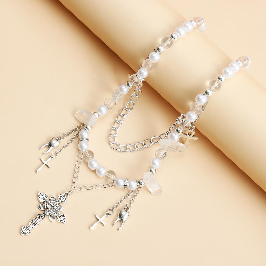 Gothic Cross Necklace Chain Simulation Pearl Beaded Layered Accessories