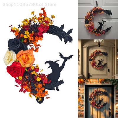 Halloween Crescent Moon Cat Wreath Gothic Garland Decor Handmade Artificial Halloween Door Hanging Decor Halloween Decor Supply