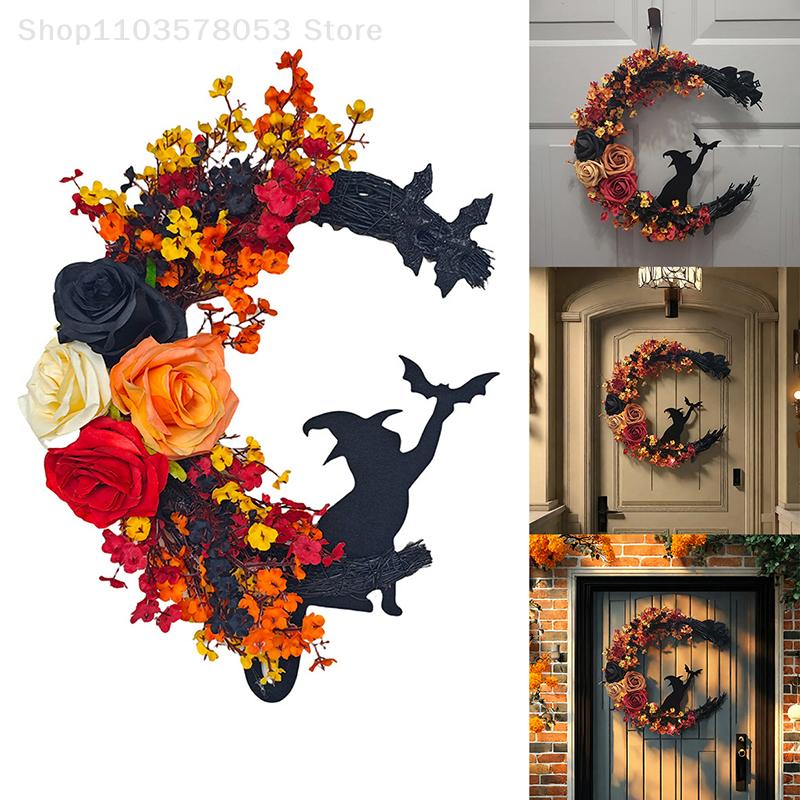 Halloween Crescent Moon Cat Wreath Gothic Garland Decor Handmade Artificial Halloween Door Hanging Decor Halloween Decor Supply